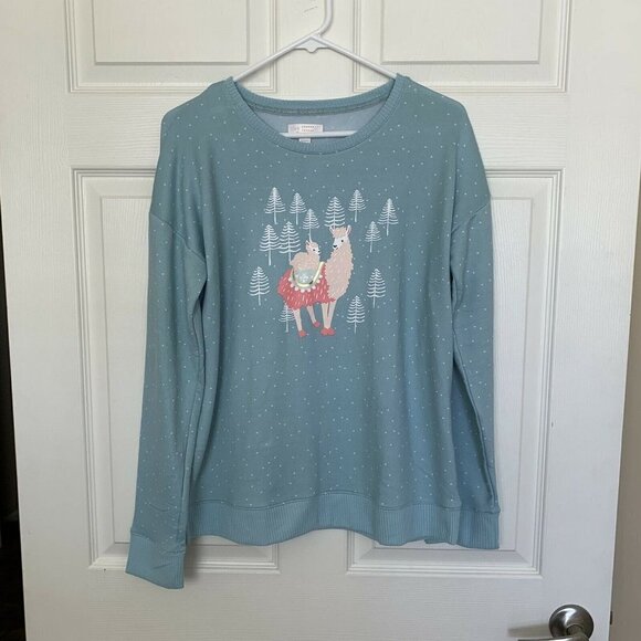 Lauren Conrad Intimates Llama Medium Blue Holiday Pullover Pajama Top Soft - Picture 2 of 8